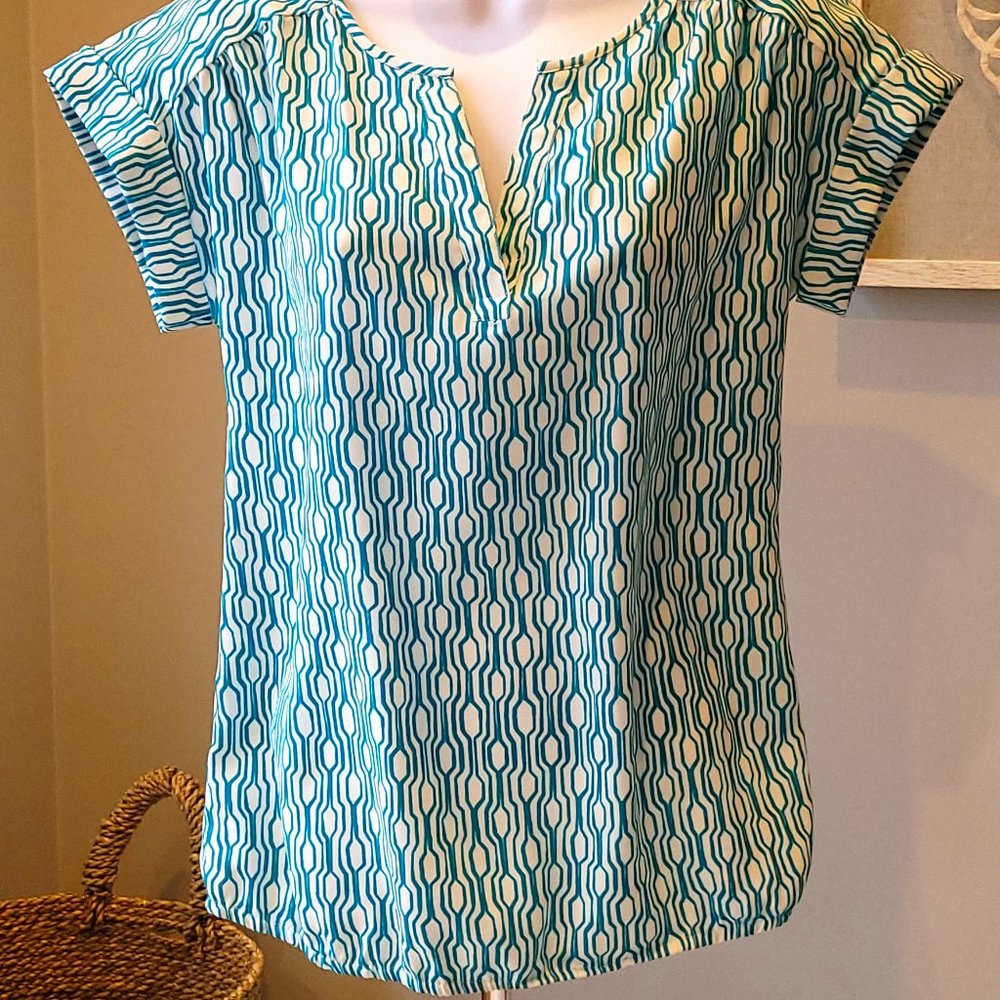 Ann Taylor Geometric Print Cuffed Sleeve Blouse